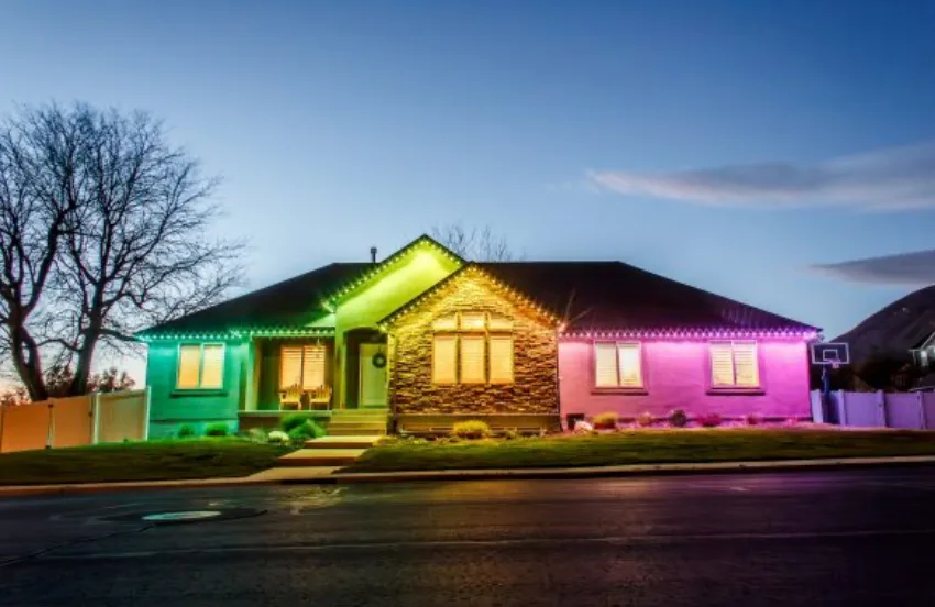Home with colorful holiday lighting